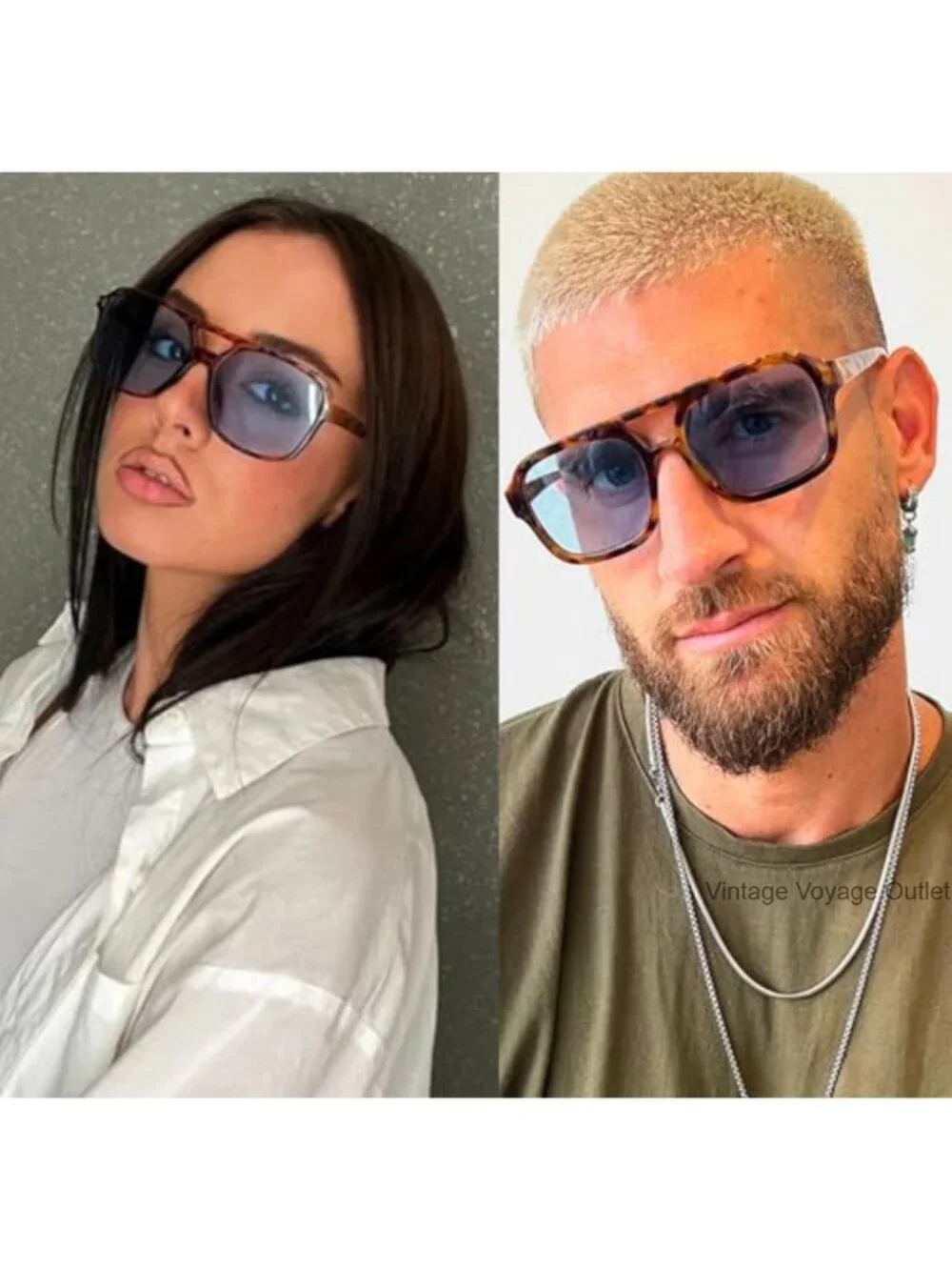 Hexagon Tortoiseshell Sunglasses Blue Tint UV400 Oversized Retro Unisex